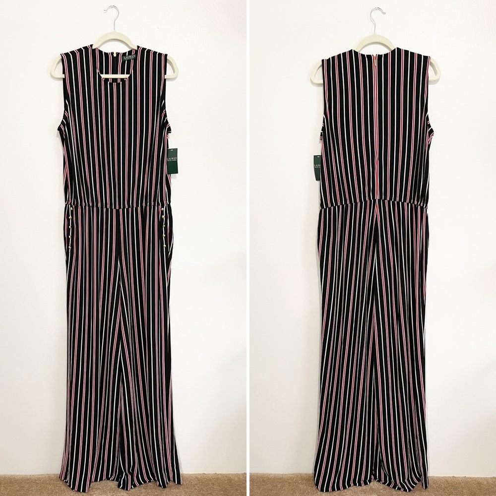 NWT Ralph Lauren Striped Wide-Leg Jumpsuit Black Red White Gold Hardware Size XL - Picture 3 of 10